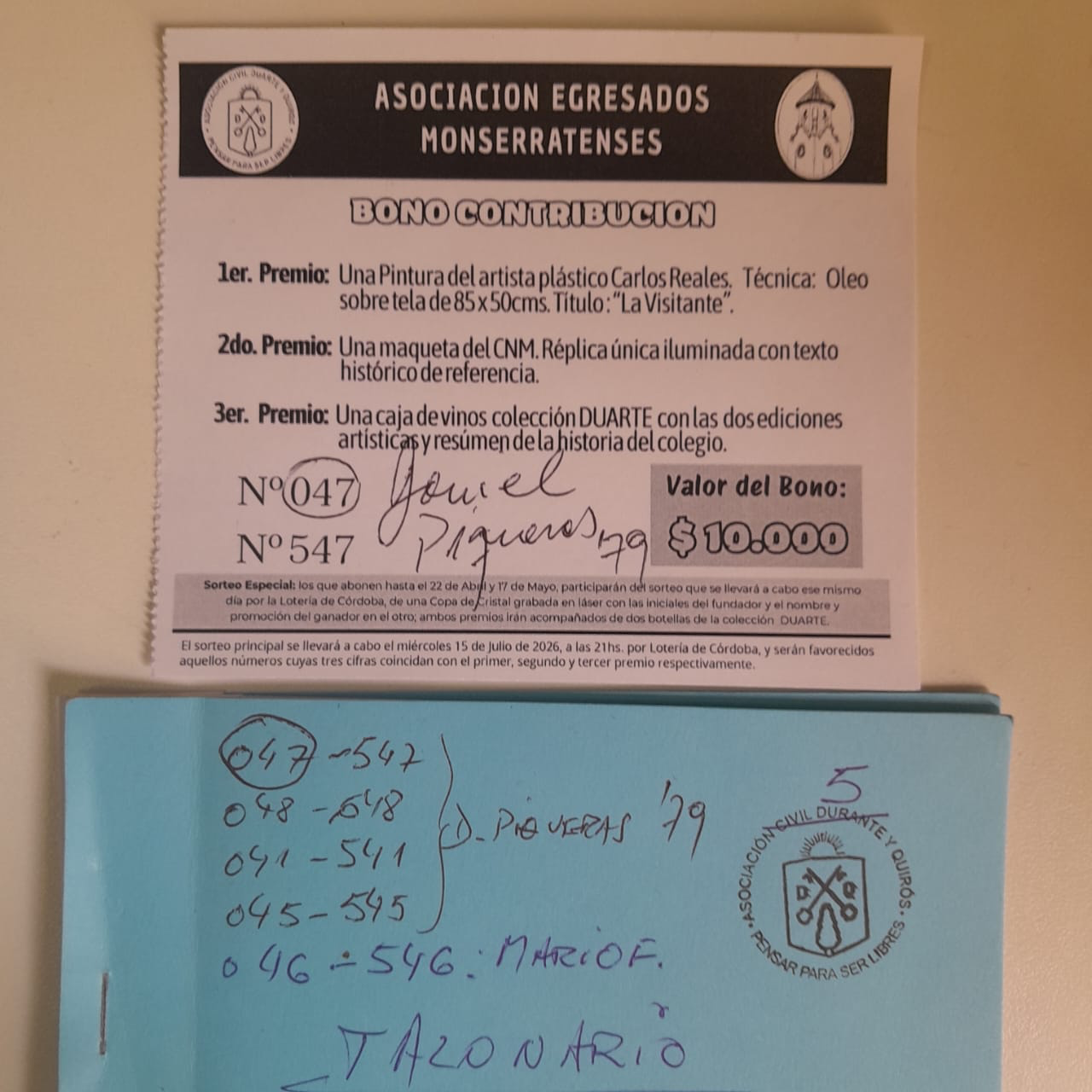 Extracto del sorteo y talonario premiado